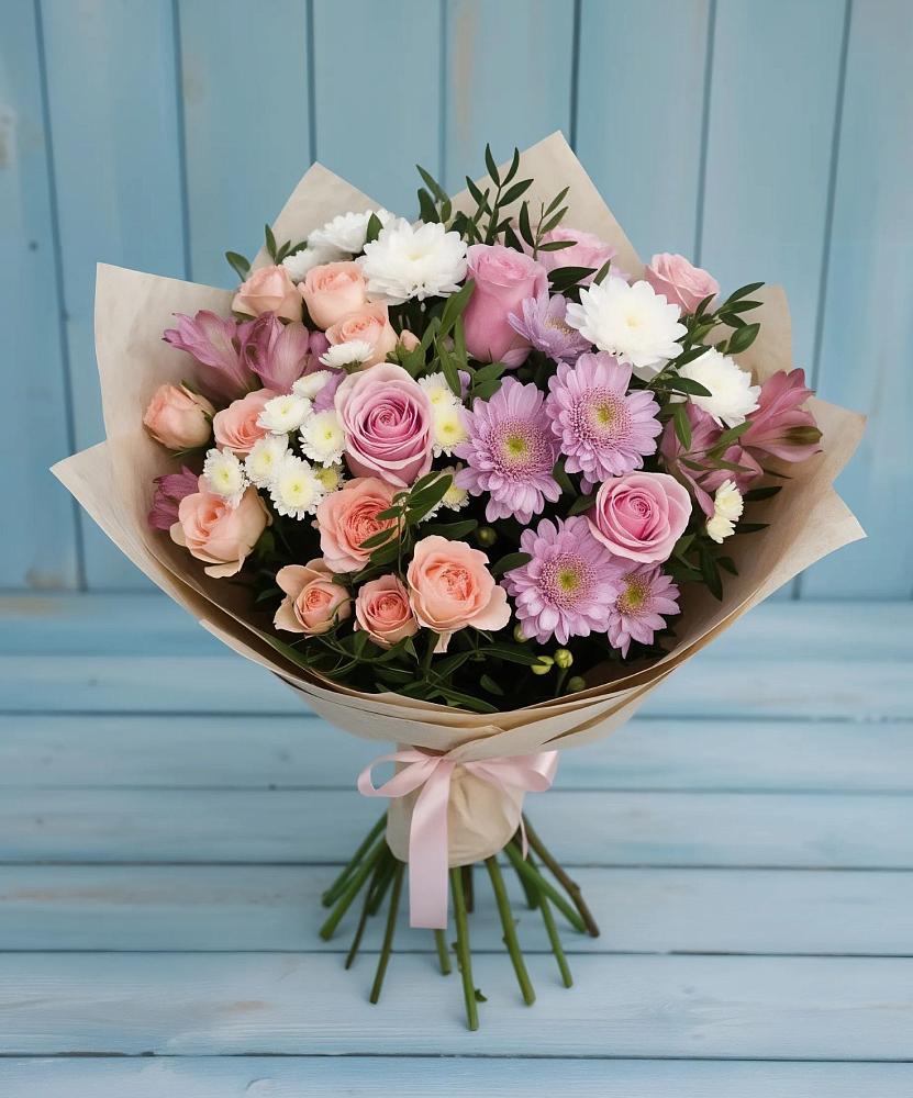 Букет цветов из: Хризантемы, Розы и Альстромерии в Касторное