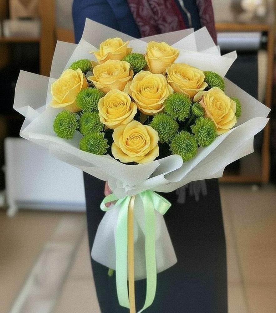 Букет цветов из: Хризантемы и Розы в Касторное